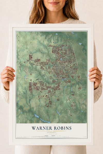 Warner Robins, Georgia map print, 18" x 24" W/ White Ayous Wood Frame mockup