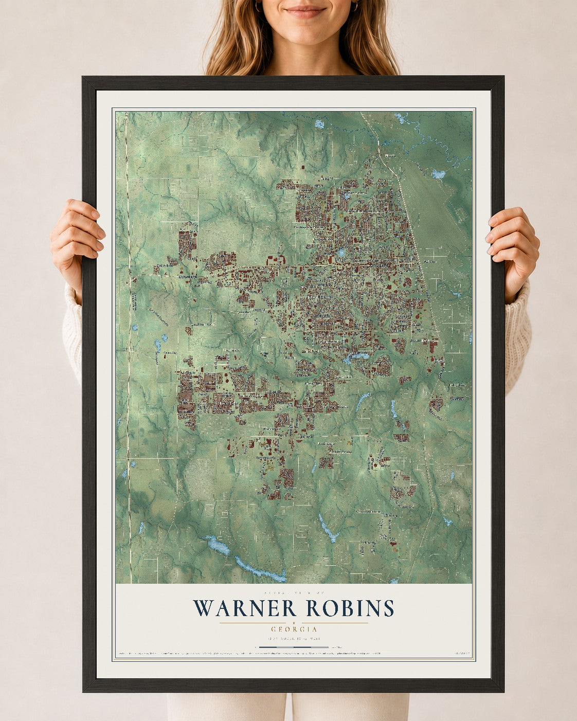 Warner Robins, Georgia map print, 24" x 36" W/ Black Ayous Wood Frame mockup