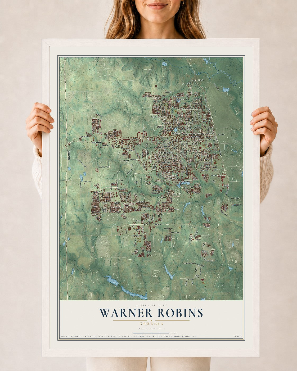 Warner Robins, Georgia map print, 24" x 36" W/ White Ayous Wood Frame mockup