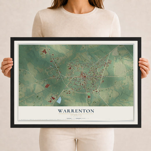 Map of Warrenton, Georgia, 12 x 18 inch print in a black wood frame