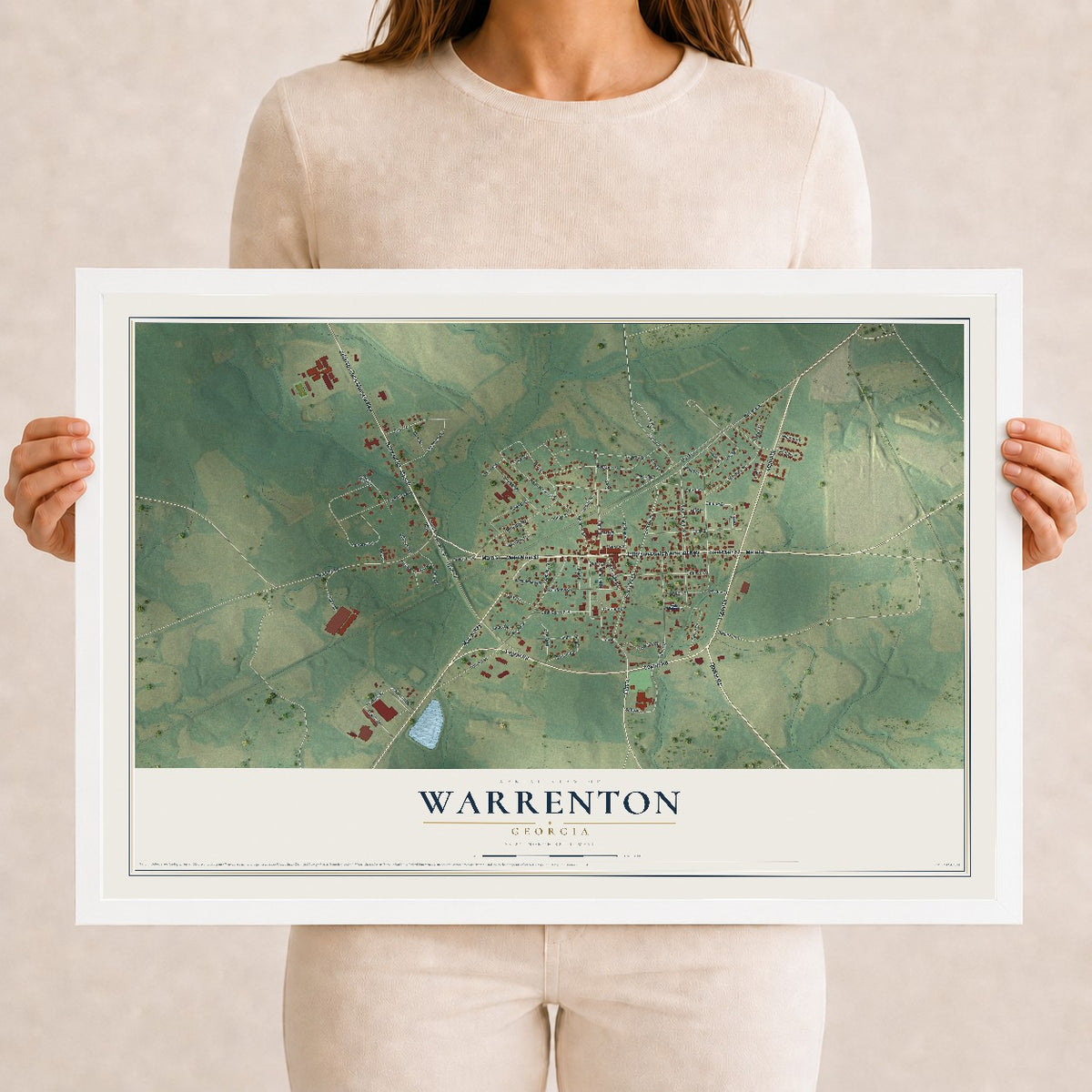 Warrenton, Georgia map print, 12" x 18" W/ White Ayous Wood Frame mockup