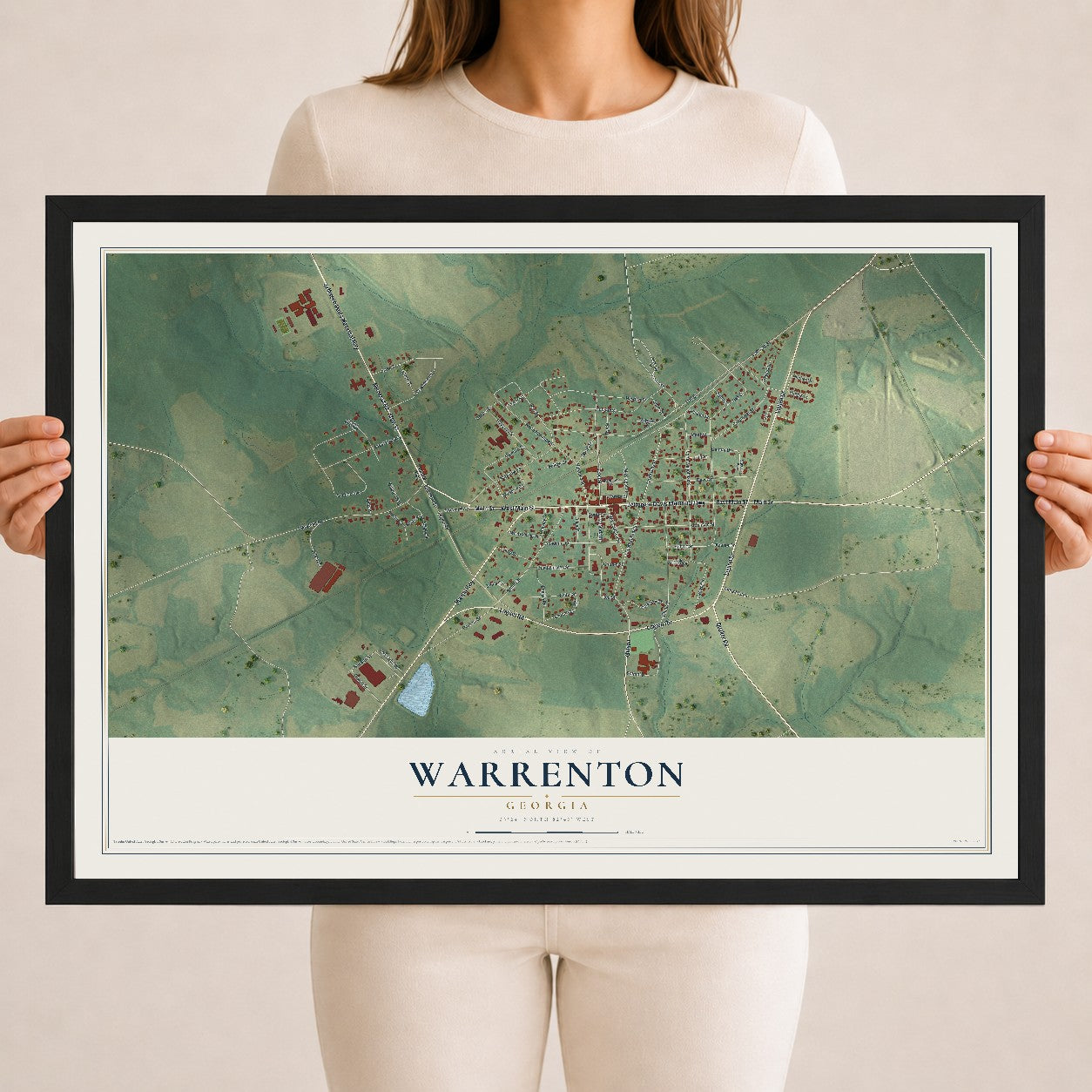 Warrenton, Georgia map print, 18" x 24" W/ Black Ayous Wood Frame mockup
