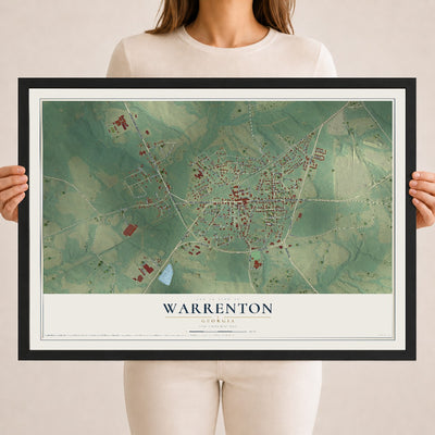 Warrenton, Georgia map print, 18" x 24" W/ Black Ayous Wood Frame mockup