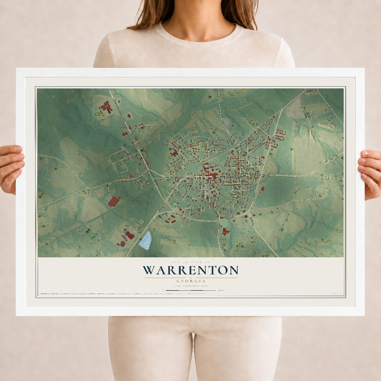 Warrenton, Georgia map print, 18" x 24" W/ White Ayous Wood Frame mockup