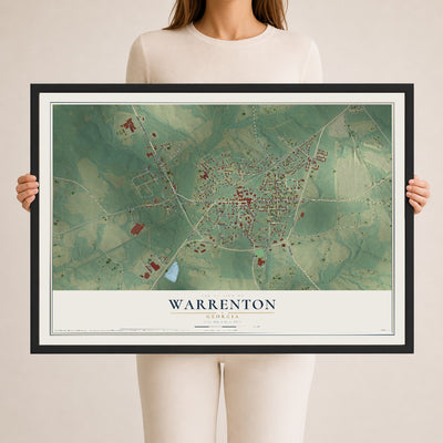 Warrenton, Georgia map print, 24" x 36" W/ Black Ayous Wood Frame mockup