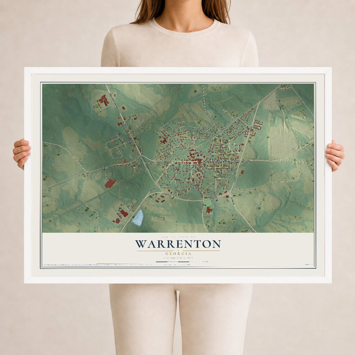 Warrenton, Georgia map print, 24" x 36" W/ White Ayous Wood Frame mockup