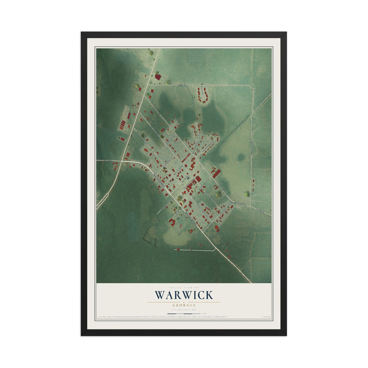Warwick, Georgia map print, 12" x 18" W/ Black Ayous Wood Frame mockup