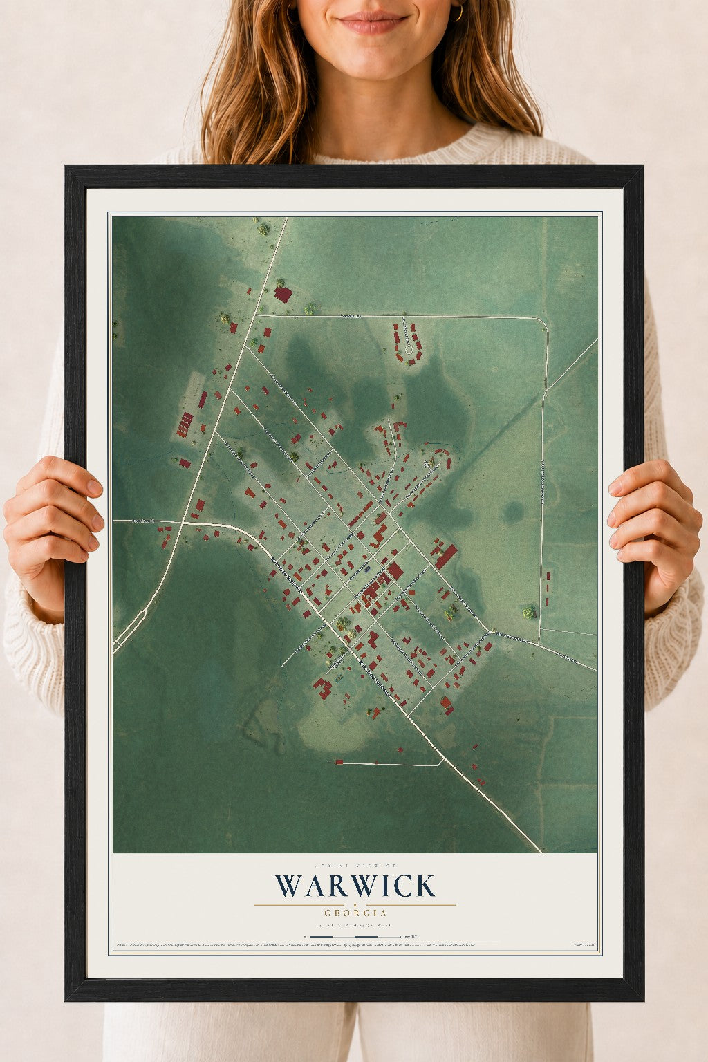 Warwick, Georgia map print, 18" x 24" W/ Black Ayous Wood Frame mockup