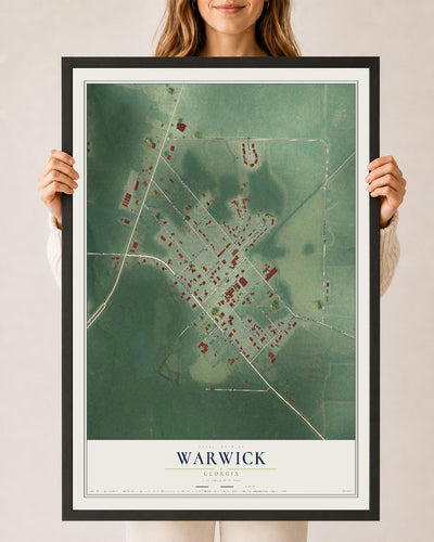 Warwick, Georgia map print, 24" x 36" W/ Black Ayous Wood Frame mockup