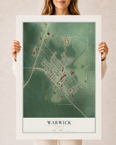 Warwick, Georgia map print, 24" x 36" W/ White Ayous Wood Frame mockup