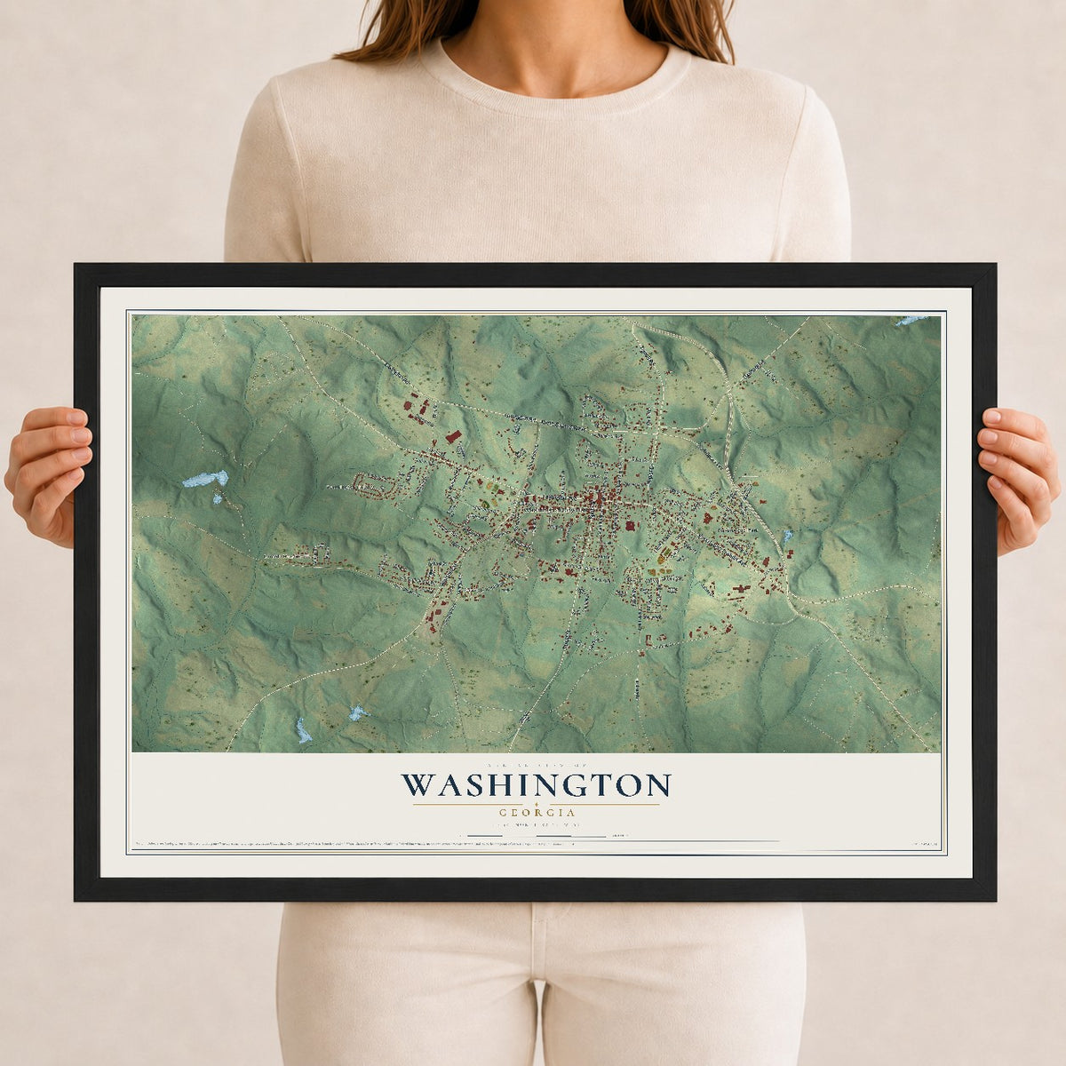 Washington, Georgia map print, 12" x 18" W/ Black Ayous Wood Frame mockup