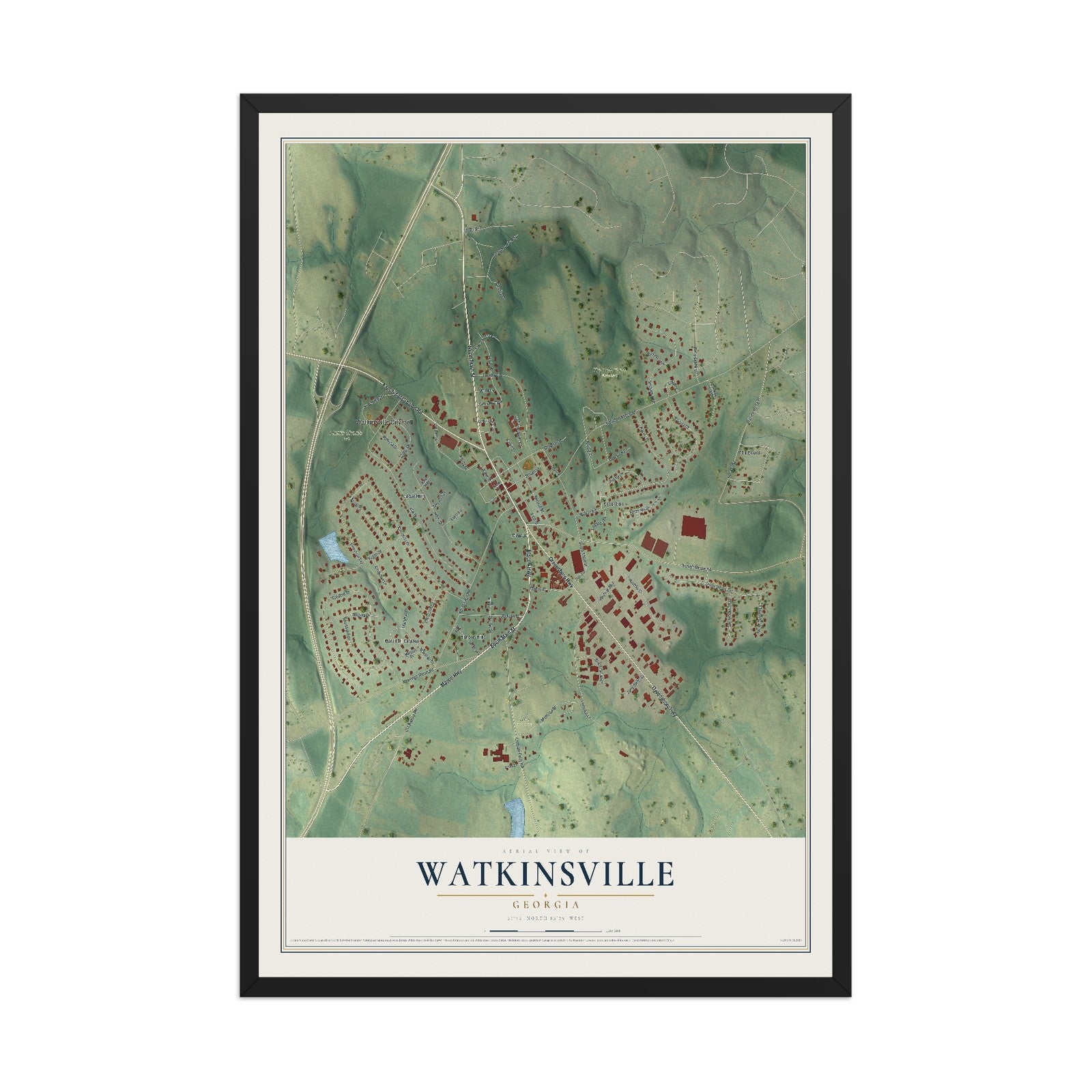 Watkinsville, Georgia map print, 12" x 18" W/ Black Ayous Wood Frame mockup
