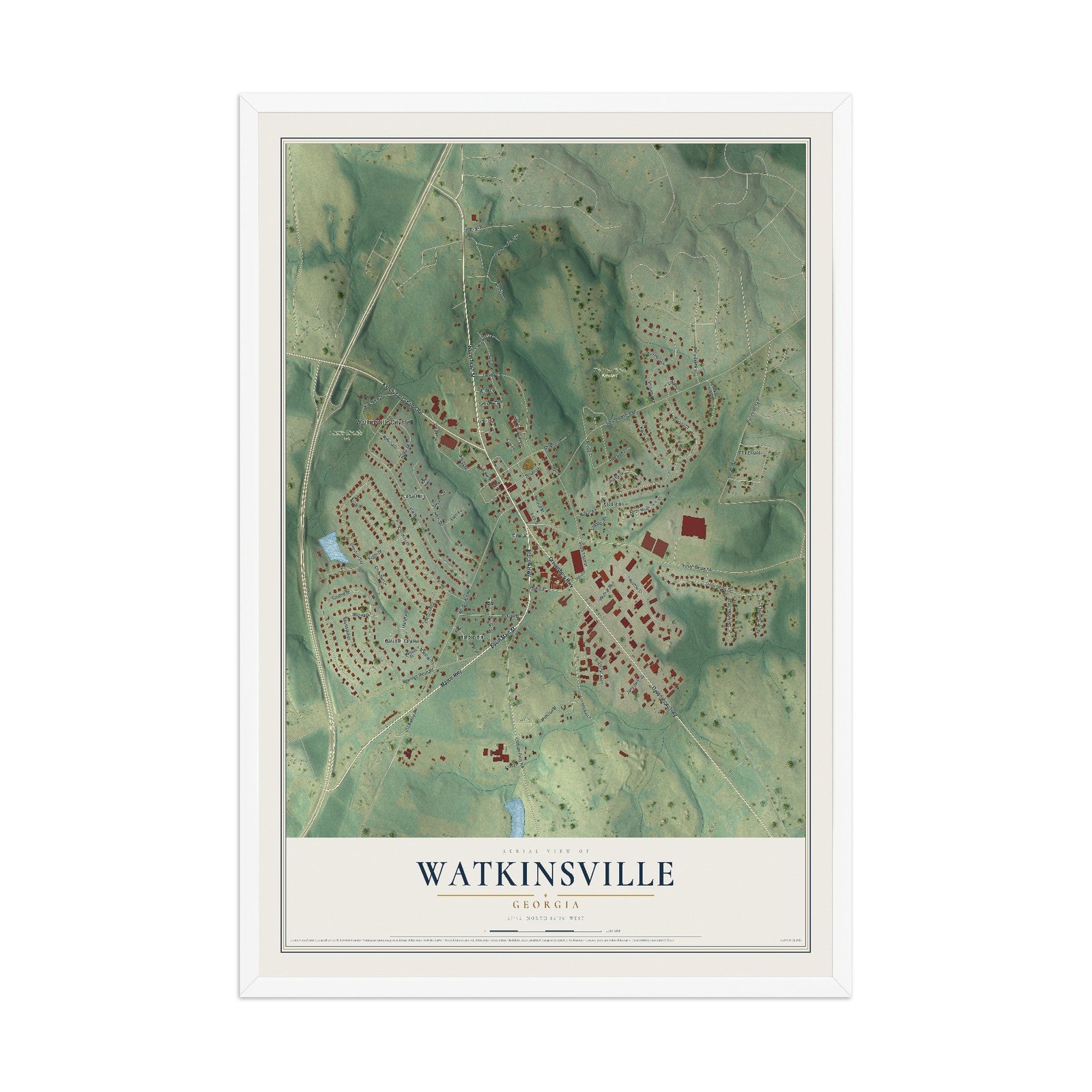 Watkinsville, Georgia map print, 12" x 18" W/ White Ayous Wood Frame mockup
