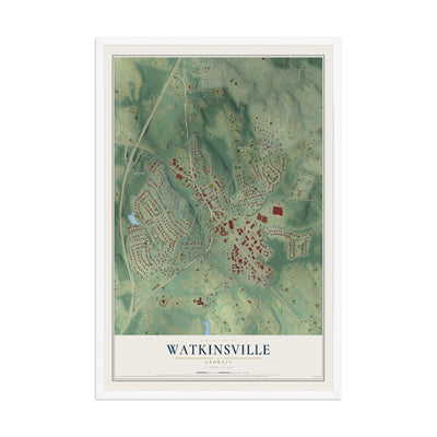 Watkinsville, Georgia map print, 12" x 18" W/ White Ayous Wood Frame mockup