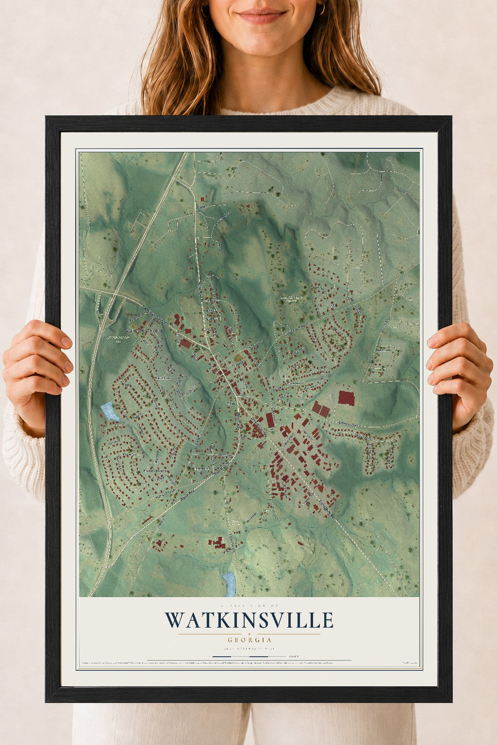 Watkinsville, Georgia map print, 18" x 24" W/ Black Ayous Wood Frame mockup