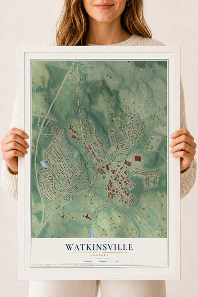 Watkinsville, Georgia map print, 18" x 24" W/ White Ayous Wood Frame mockup