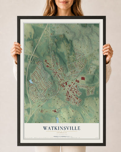 Watkinsville, Georgia map print, 24" x 36" W/ Black Ayous Wood Frame mockup