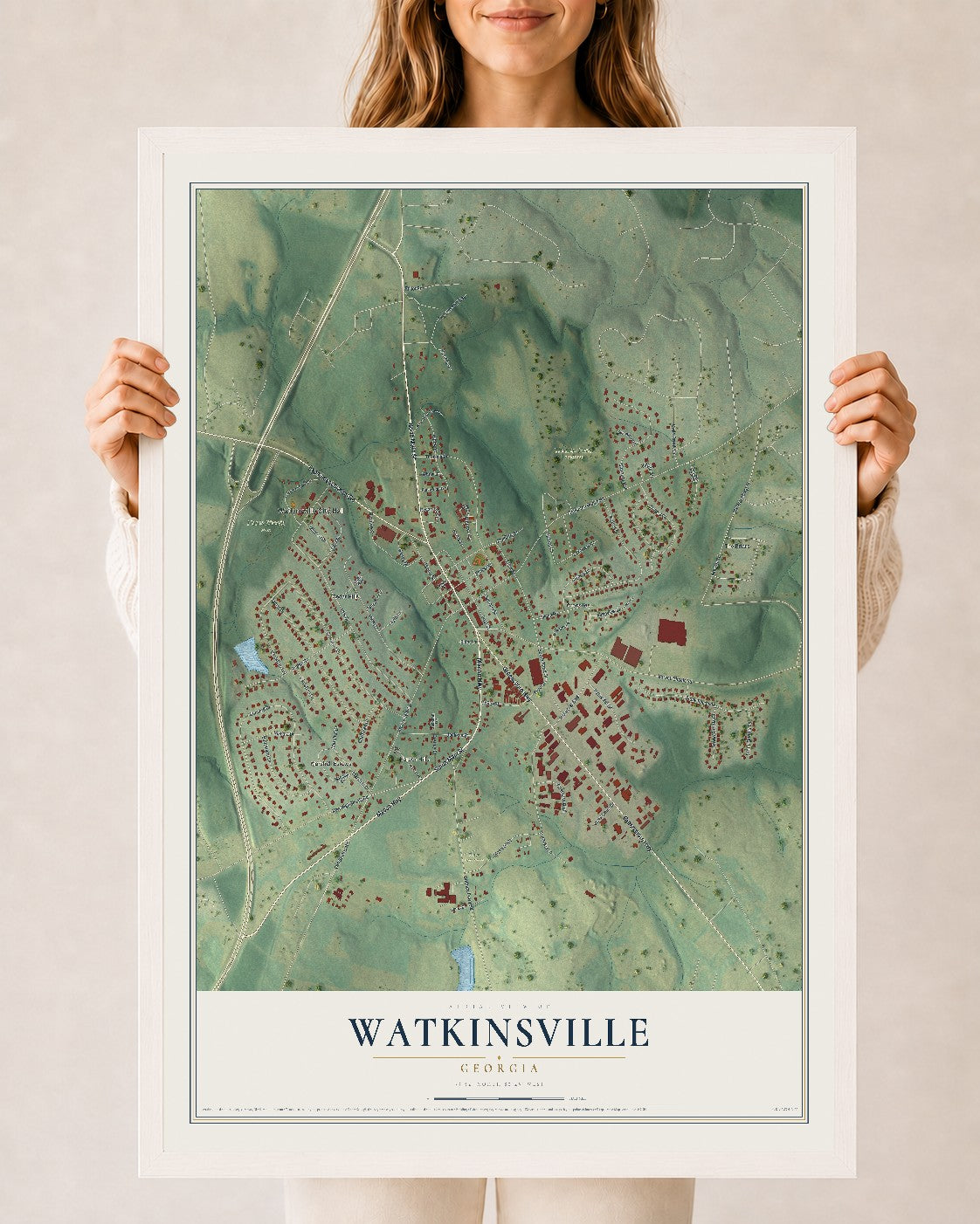 Watkinsville, Georgia map print, 24" x 36" W/ White Ayous Wood Frame mockup