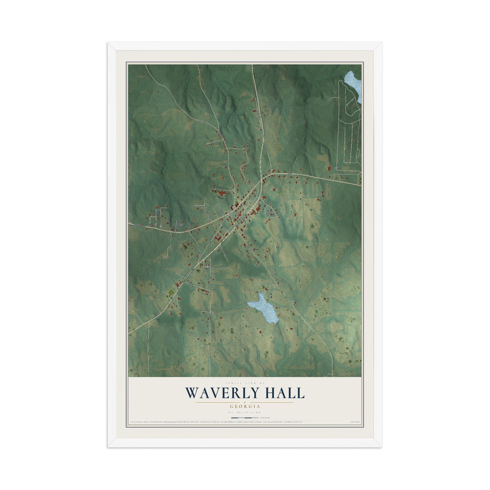 Waverly Hall, Georgia map print, 12" x 18" W/ White Ayous Wood Frame mockup