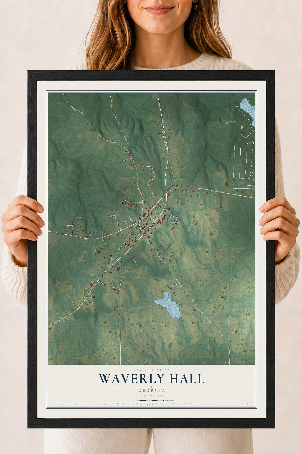 Waverly Hall, Georgia map print, 18" x 24" W/ Black Ayous Wood Frame mockup
