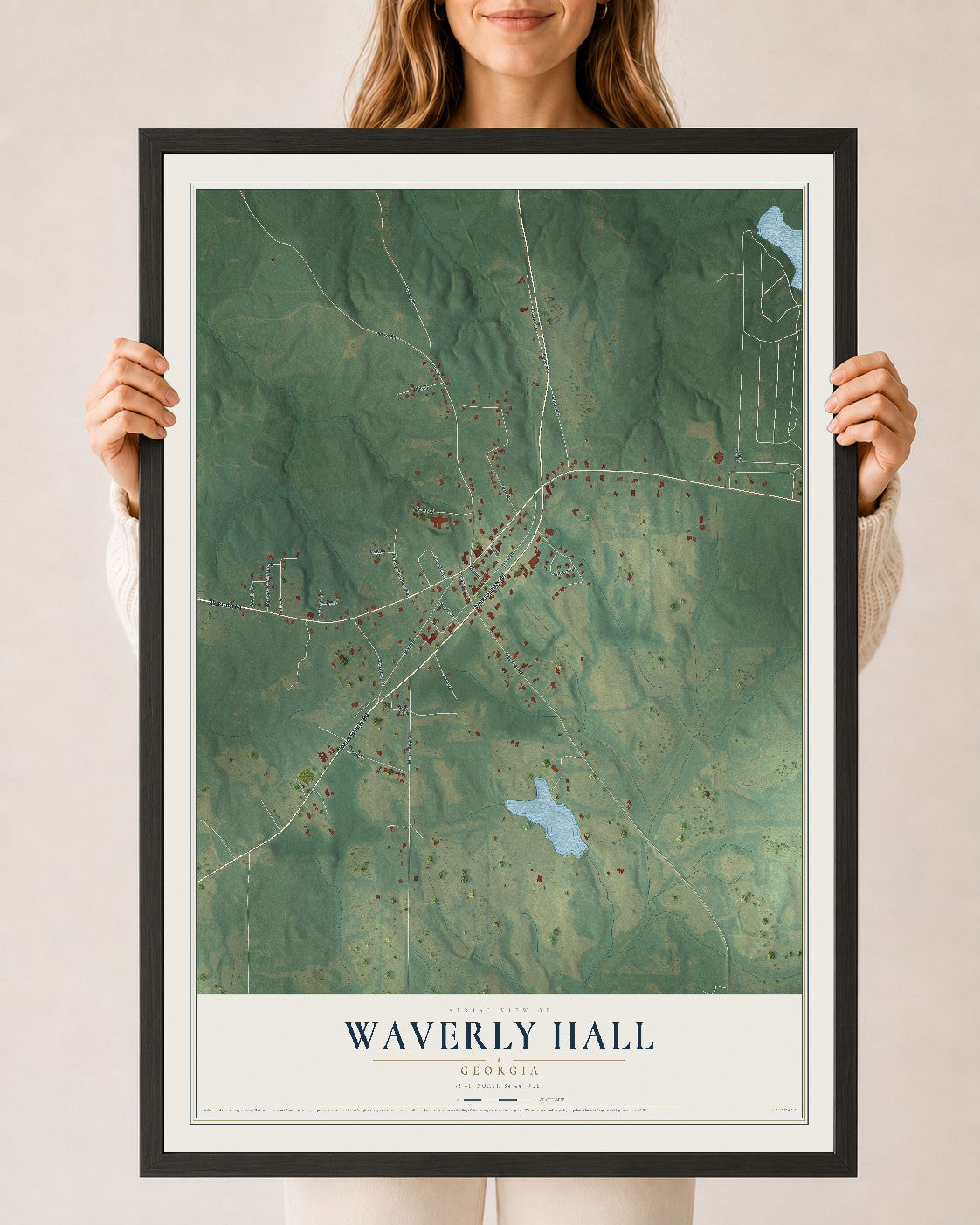 Waverly Hall, Georgia map print, 24" x 36" W/ Black Ayous Wood Frame mockup
