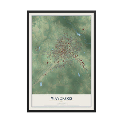 Waycross, Georgia map print, 12" x 18" W/ Black Ayous Wood Frame mockup