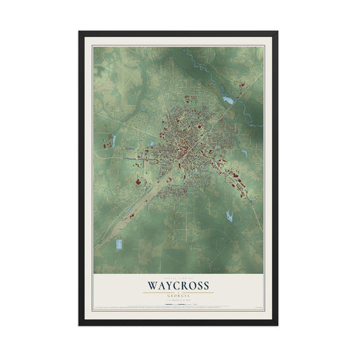 Map of Waycross, Georgia, 12 x 18 inch print in a black wood frame