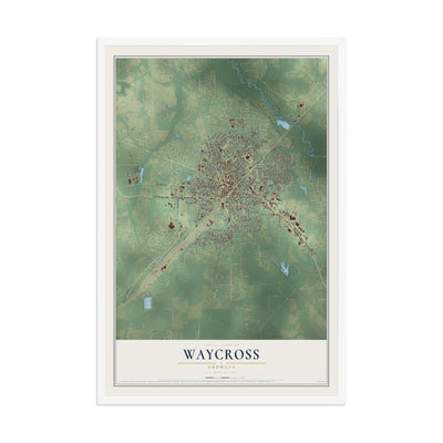 Waycross, Georgia map print, 12" x 18" W/ White Ayous Wood Frame mockup