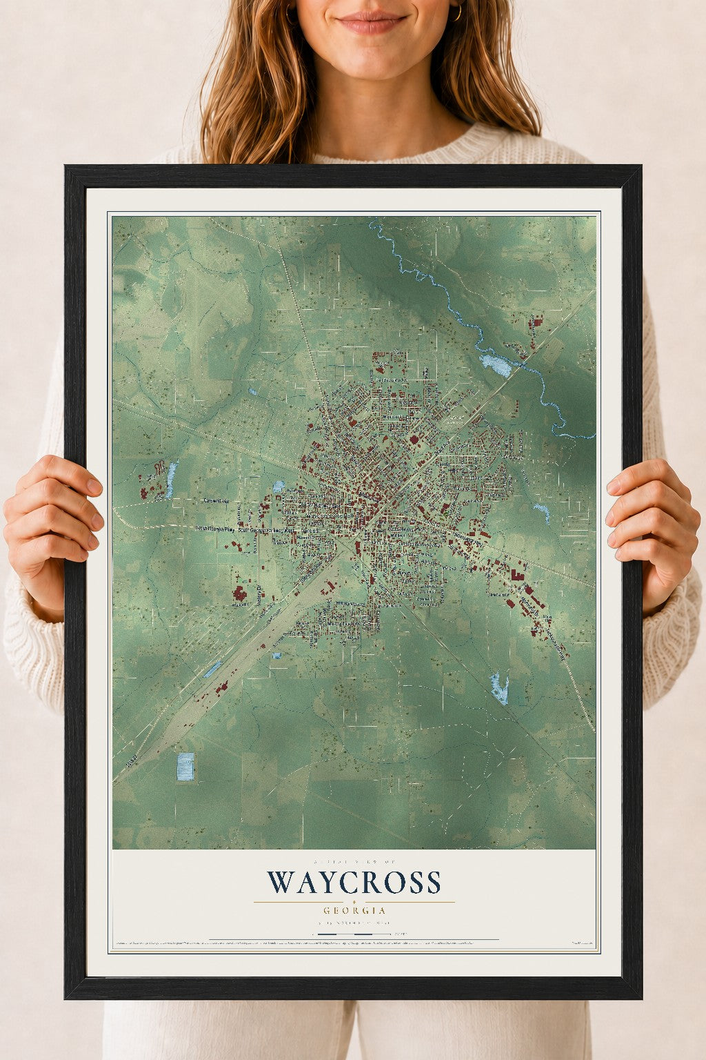 Waycross, Georgia map print, 18" x 24" W/ Black Ayous Wood Frame mockup