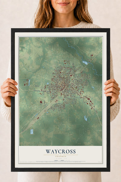 Waycross, Georgia map print, 18" x 24" W/ Black Ayous Wood Frame mockup