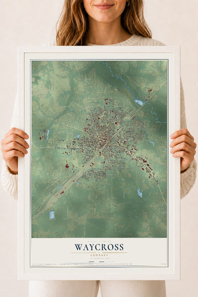 Waycross, Georgia map print, 18" x 24" W/ White Ayous Wood Frame mockup
