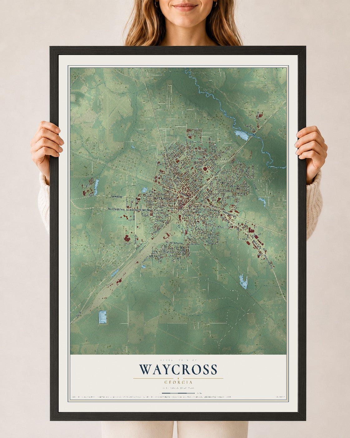 Waycross, Georgia map print, 24" x 36" W/ Black Ayous Wood Frame mockup