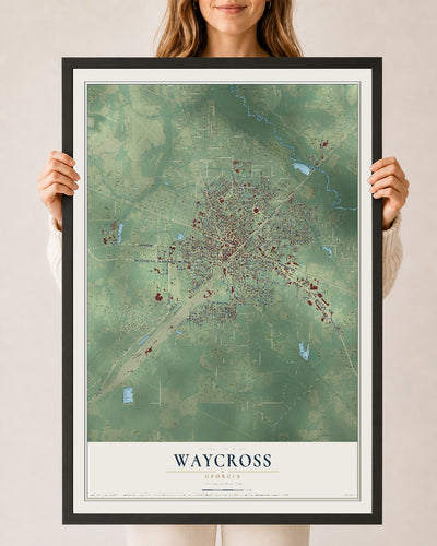 Waycross, Georgia map print, 24" x 36" W/ Black Ayous Wood Frame mockup