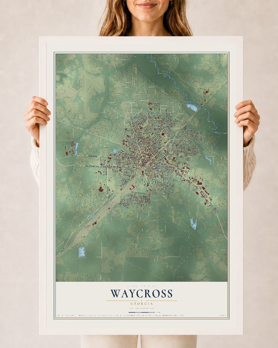 Waycross, Georgia map print, 24" x 36" W/ White Ayous Wood Frame mockup