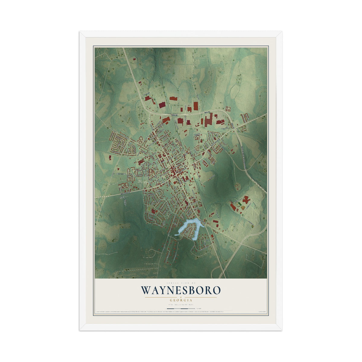 Waynesboro, Georgia map print, 12" x 18" W/ White Ayous Wood Frame mockup