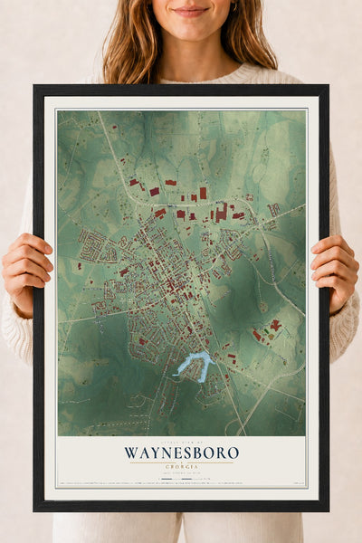 Waynesboro, Georgia map print, 18" x 24" W/ Black Ayous Wood Frame mockup