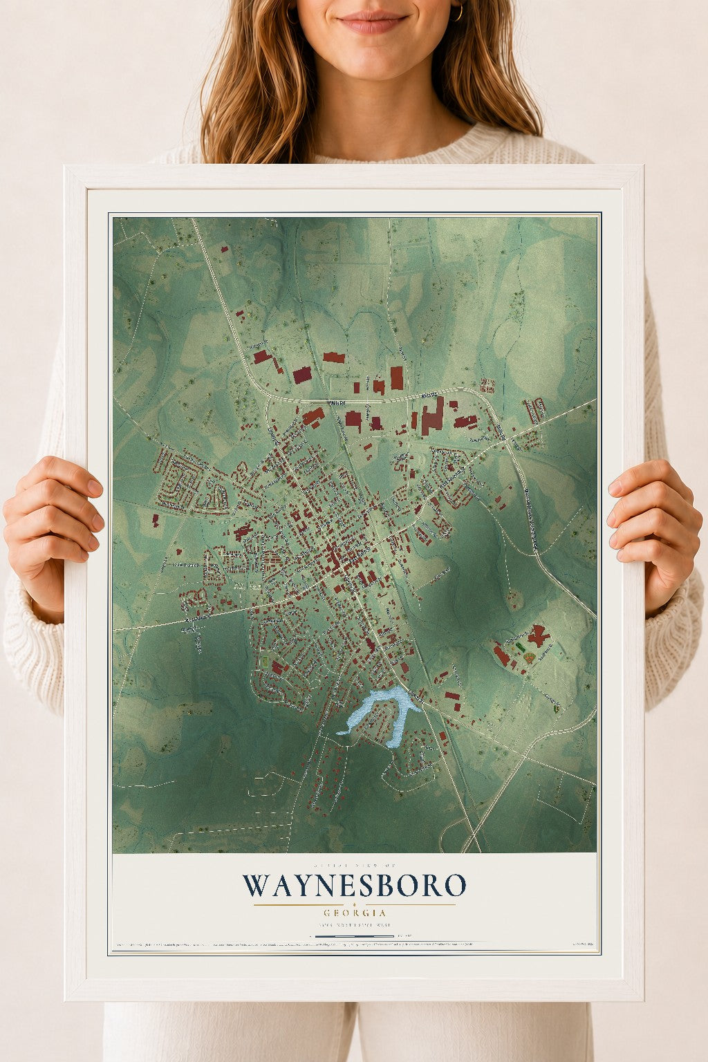 Waynesboro, Georgia map print, 18" x 24" W/ White Ayous Wood Frame mockup