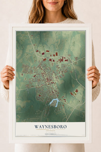 Waynesboro, Georgia map print, 18" x 24" W/ White Ayous Wood Frame mockup