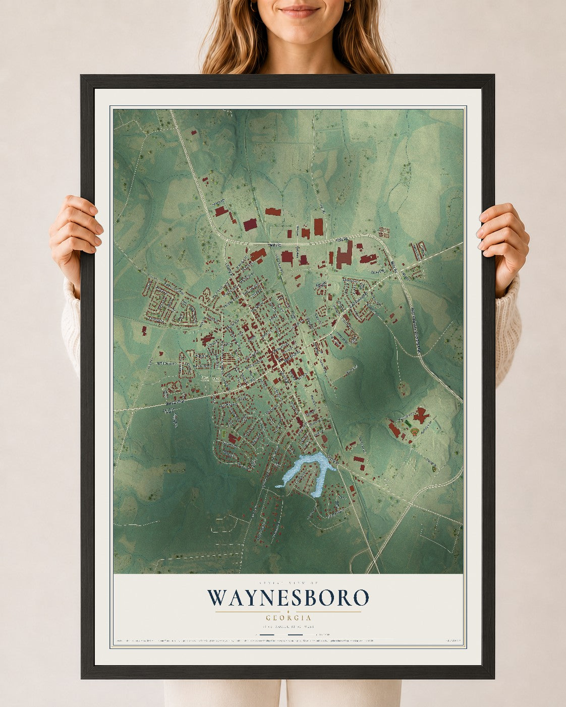 Waynesboro, Georgia map print, 24" x 36" W/ Black Ayous Wood Frame mockup