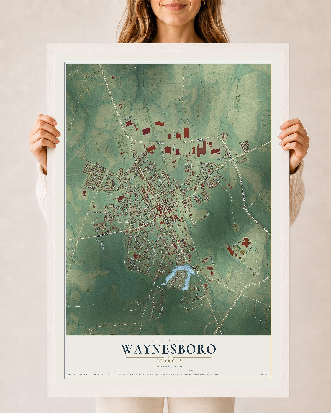 Waynesboro, Georgia map print, 24" x 36" W/ White Ayous Wood Frame mockup