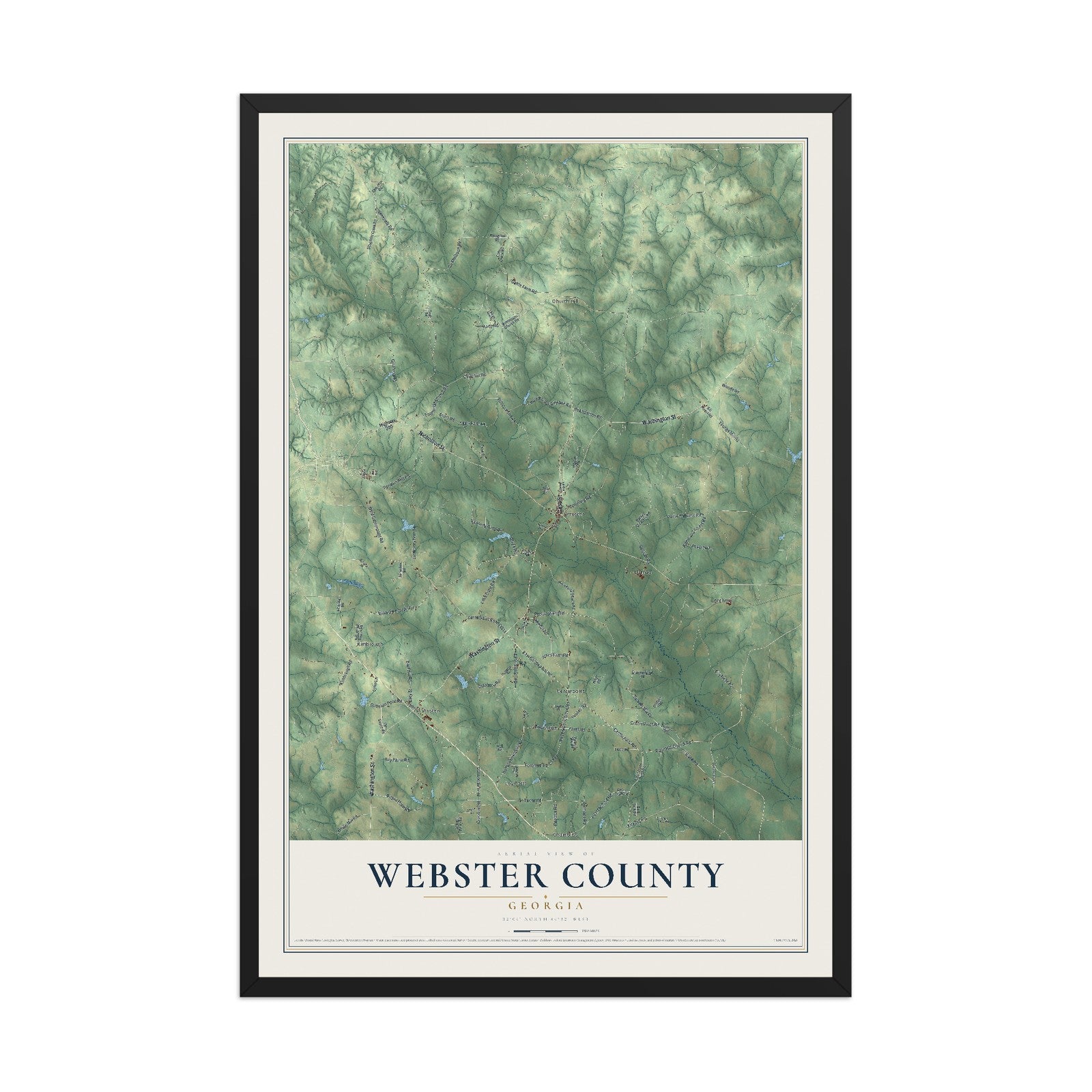 Webster County, Georgia map print, 12" x 18" W/ Black Ayous Wood Frame mockup