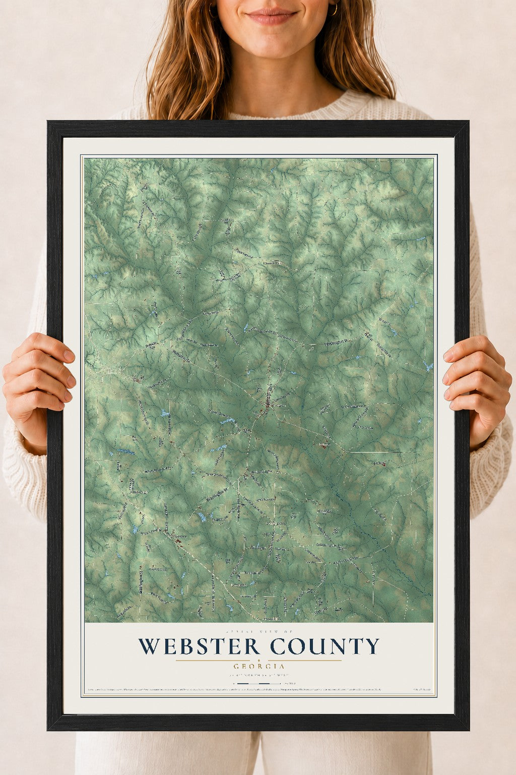 Webster County, Georgia map print, 18" x 24" W/ Black Ayous Wood Frame mockup