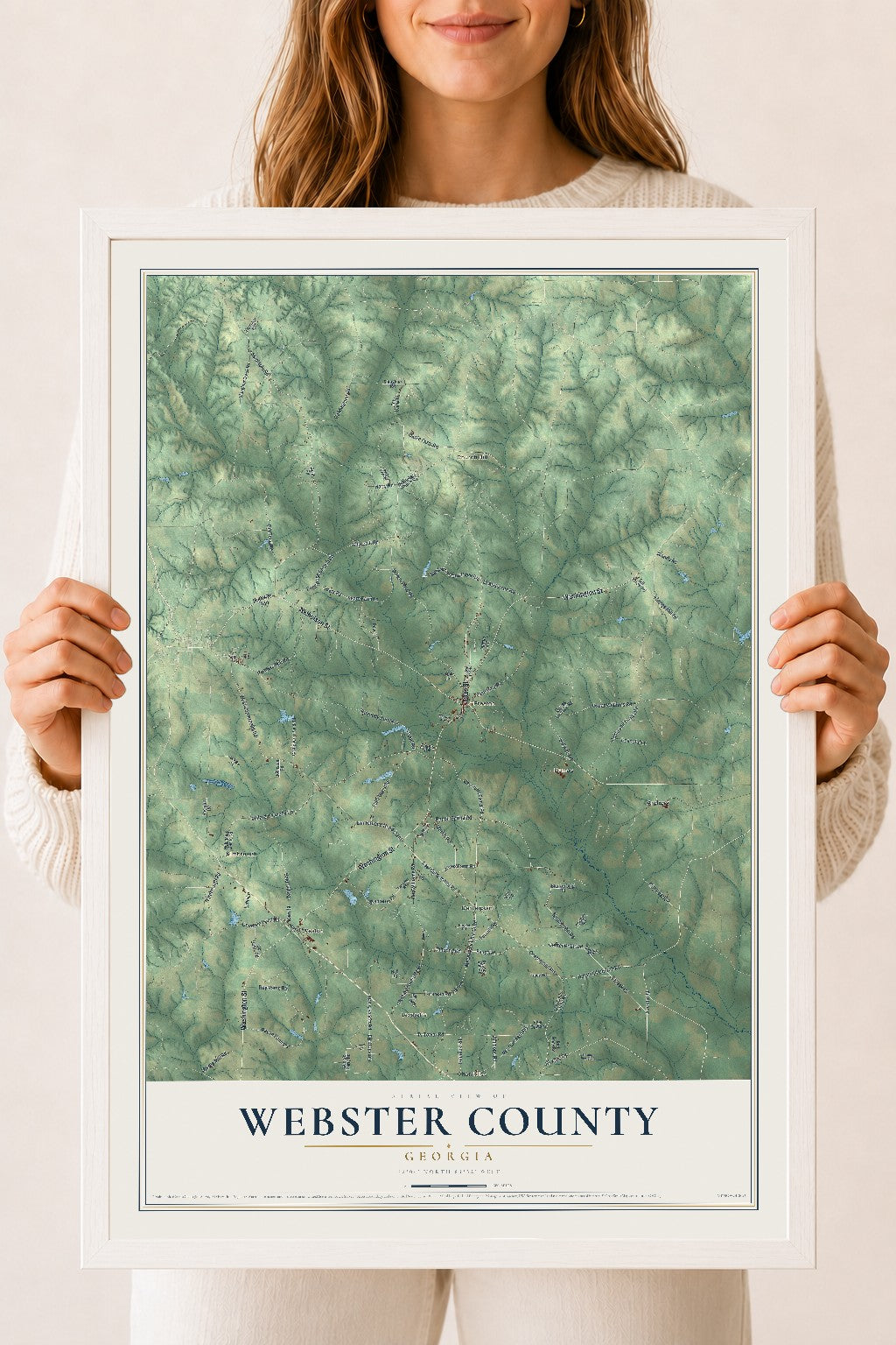 Webster County, Georgia map print, 18" x 24" W/ White Ayous Wood Frame mockup