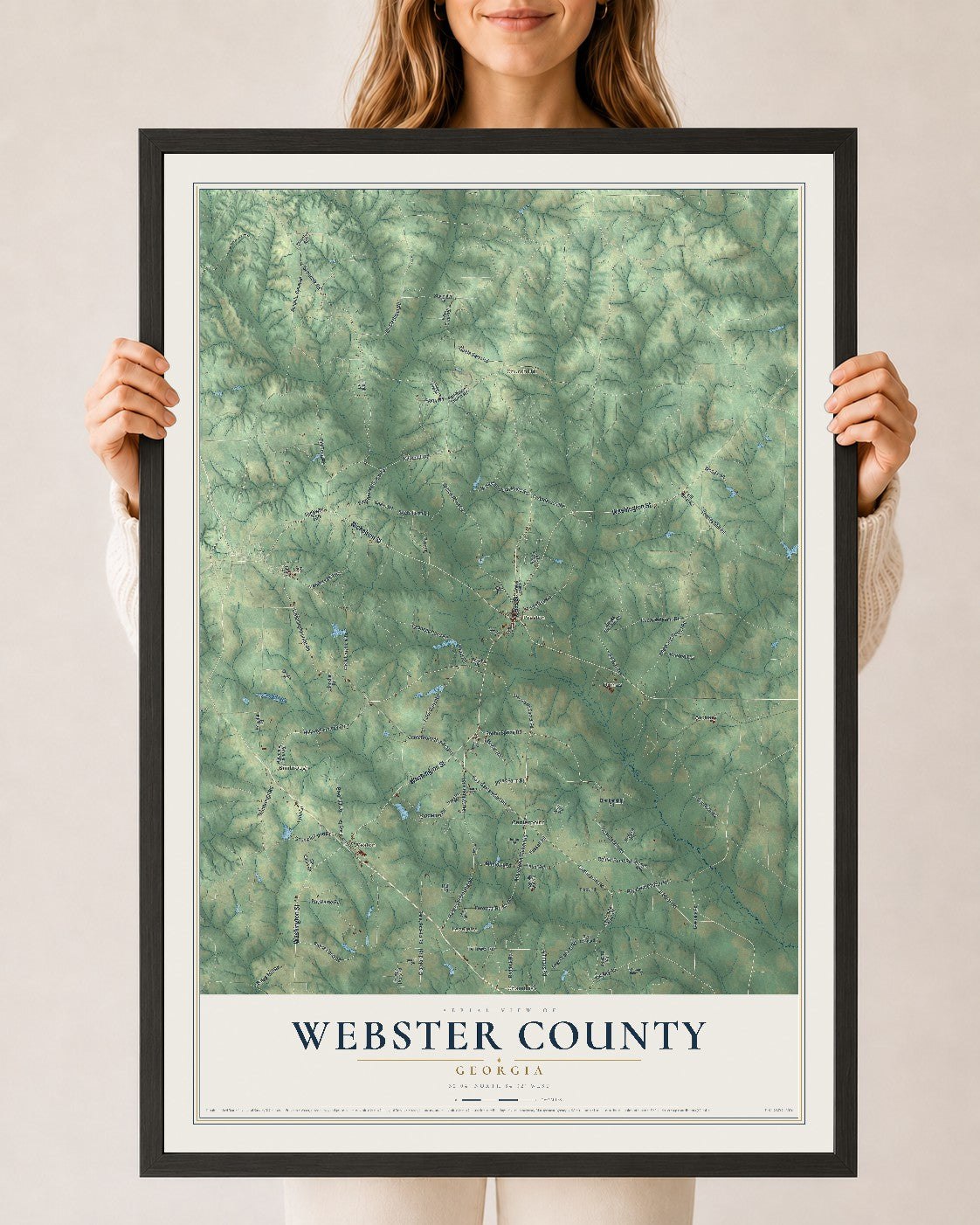 Webster County, Georgia map print, 24" x 36" W/ Black Ayous Wood Frame mockup