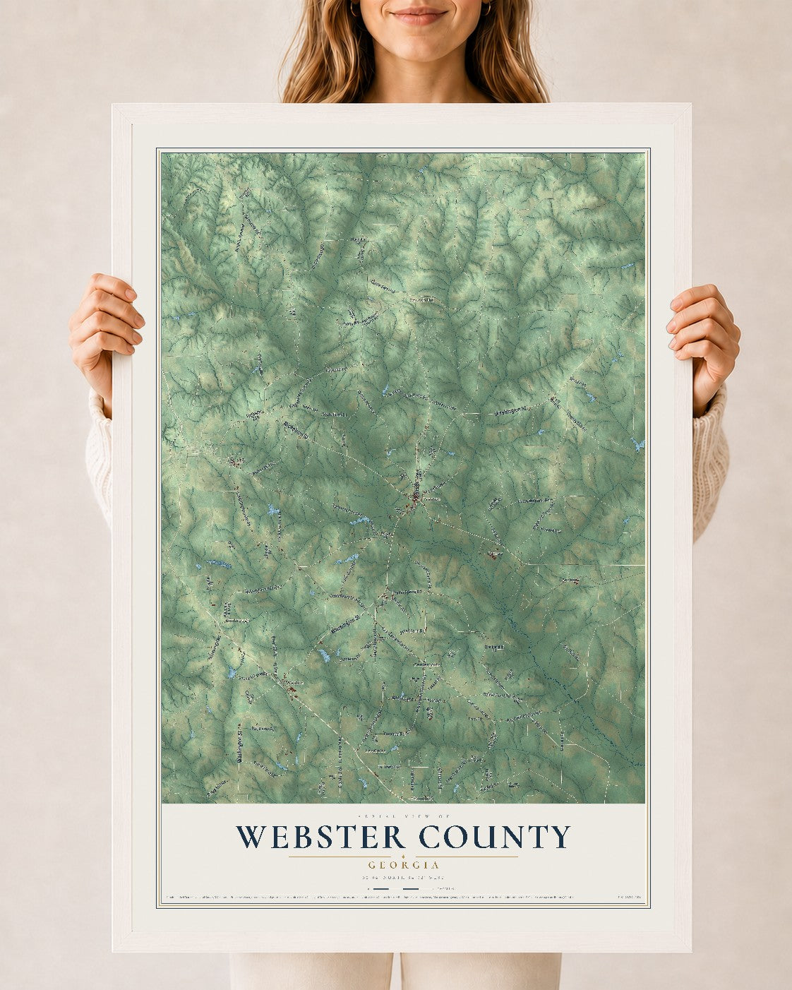 Webster County, Georgia map print, 24" x 36" W/ White Ayous Wood Frame mockup