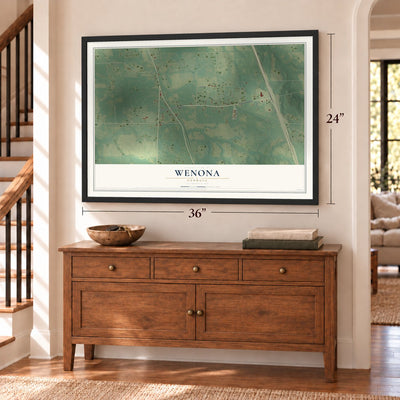 Wenona, Georgia map, 24 x 36 inch print in a black frame above a dresser by a staircase