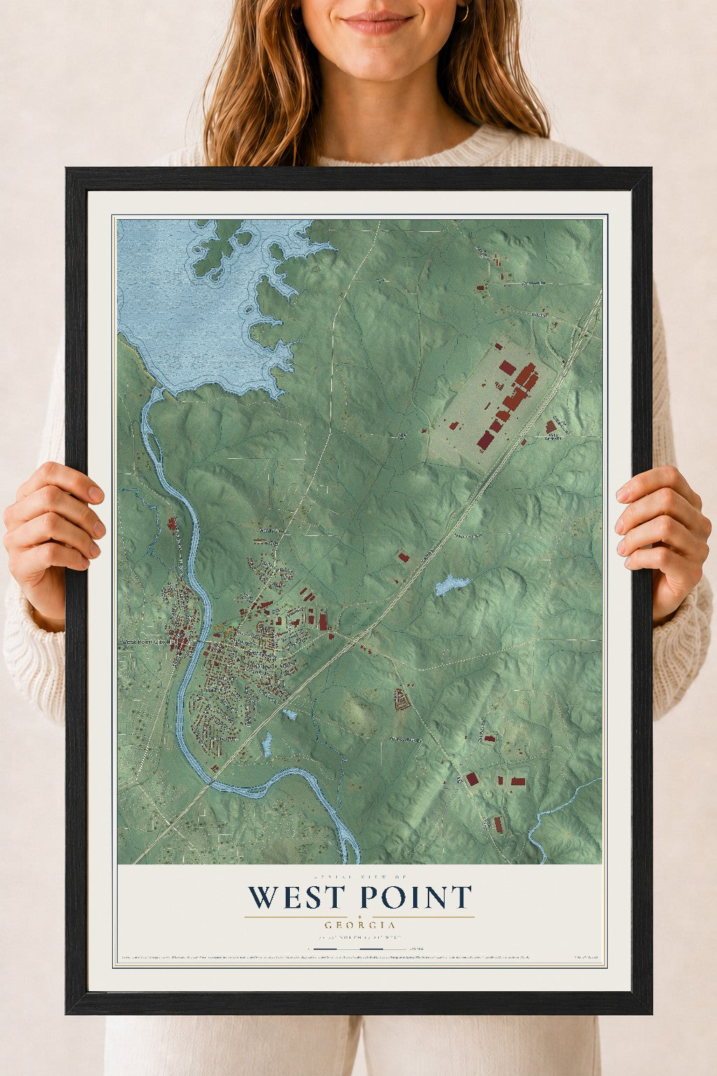 West Point, Georgia map print, 18" x 24" W/ Black Ayous Wood Frame mockup