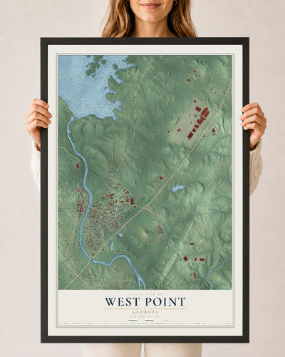 West Point, Georgia map print, 24" x 36" W/ Black Ayous Wood Frame mockup
