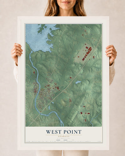 West Point, Georgia map print, 24" x 36" W/ White Ayous Wood Frame mockup
