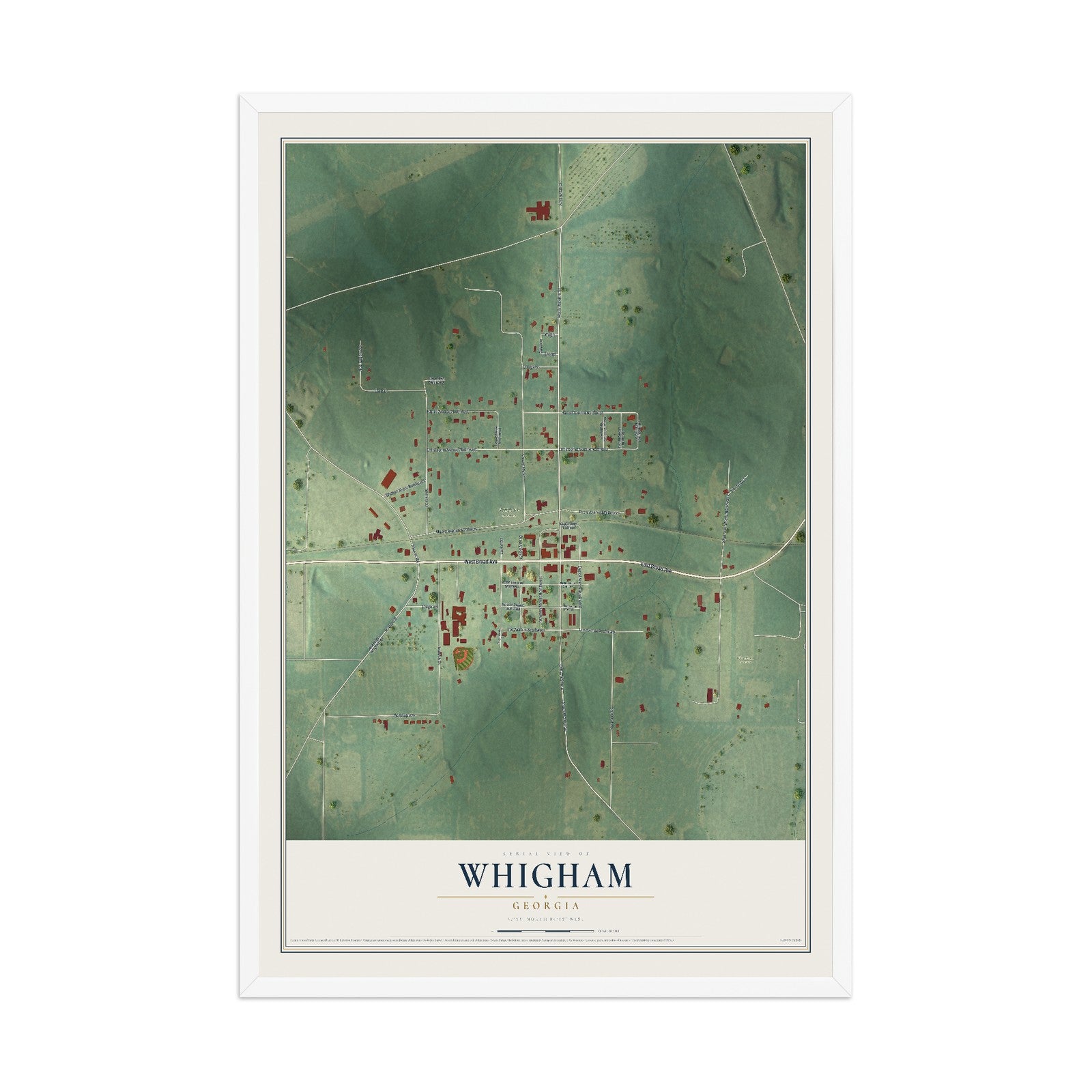 Whigham, Georgia map print, 12" x 18" W/ White Ayous Wood Frame mockup
